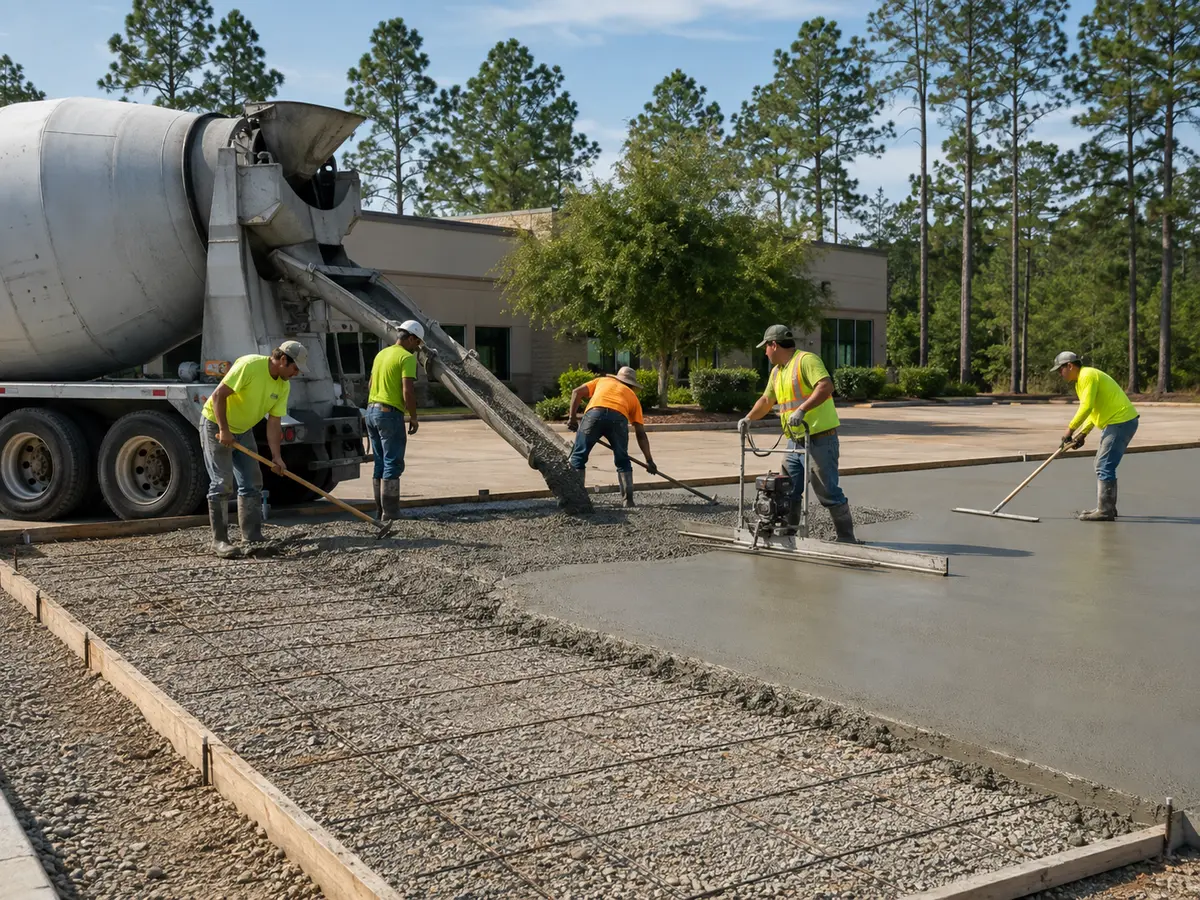 Crew placing and finishing concrete for a large commercial paving project