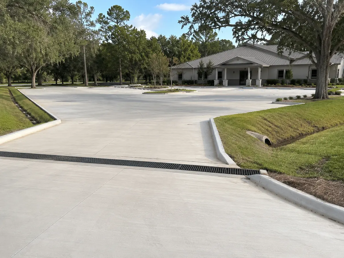 Completed concrete pavement designed for Louisiana weather and drainage conditions