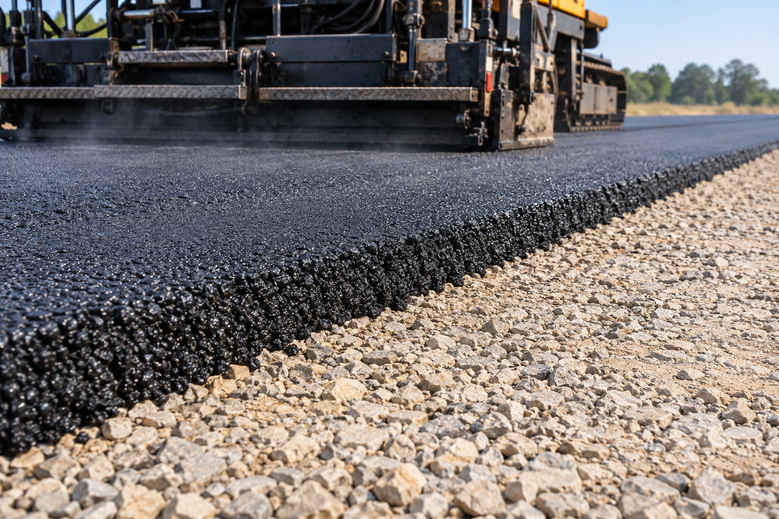 Asphalt paving thibodaux machine laying a fresh binder course over a compacted crushed stone base