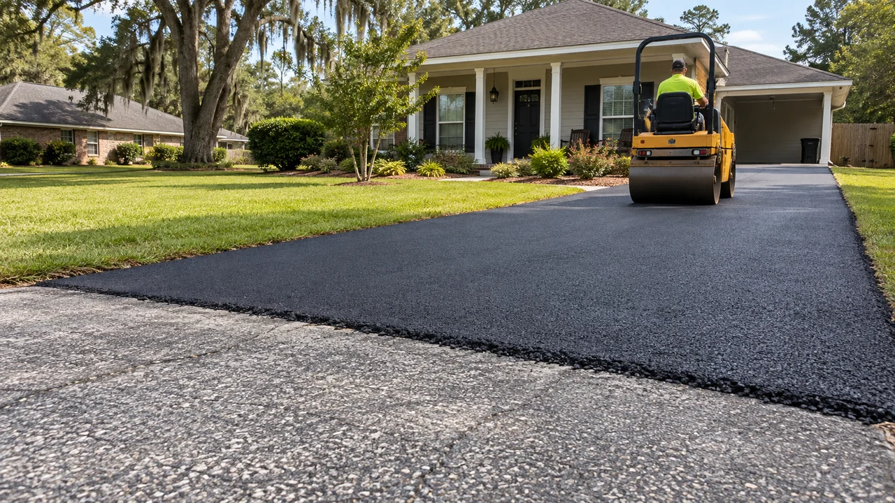 Roller compacting a new asphalt layer over an existing residential driveway