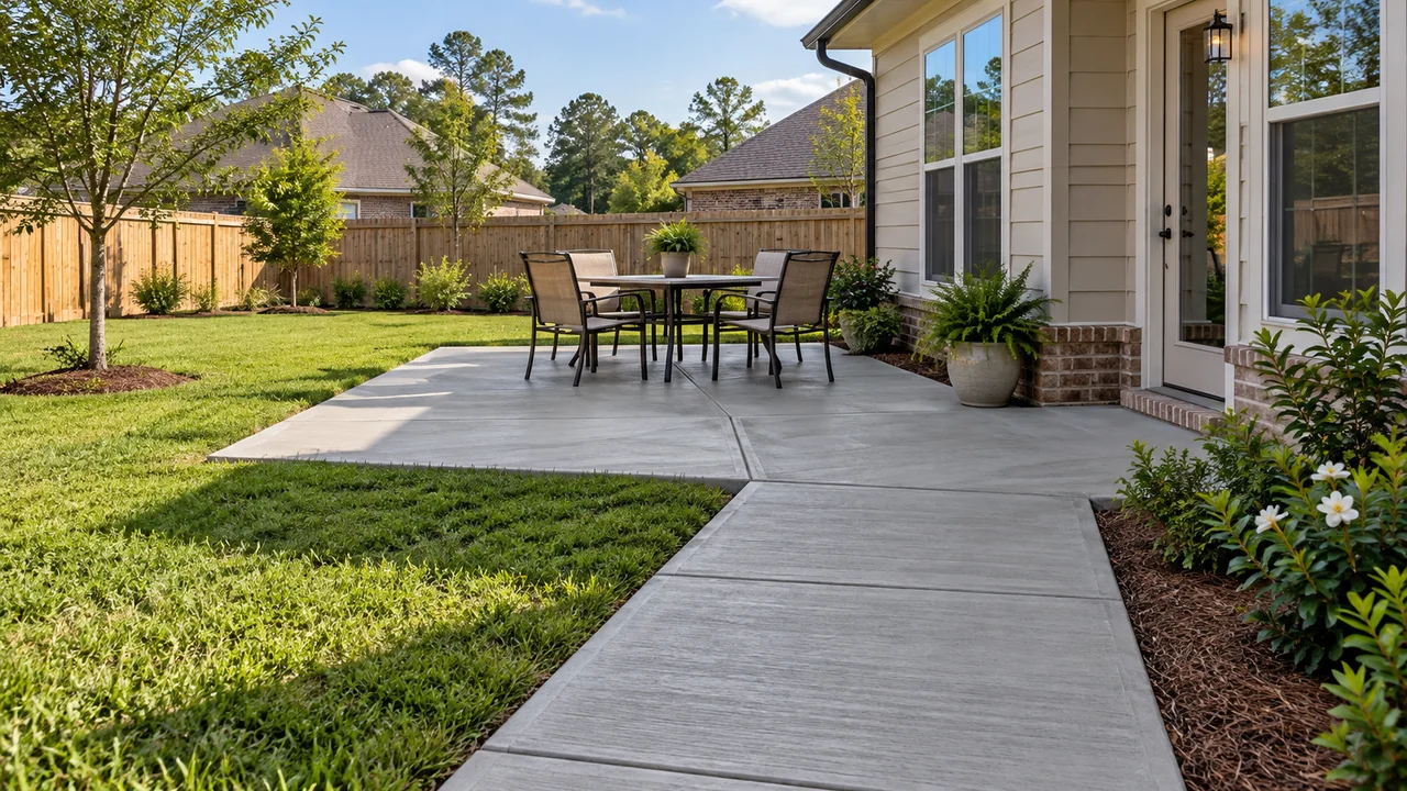 Concrete walkway leading to a backyard patio with outdoor seating