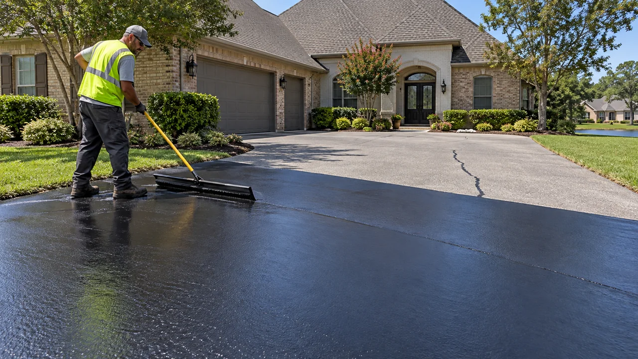 Worker applying sealcoat to a residential asphalt driveway with a squeegee