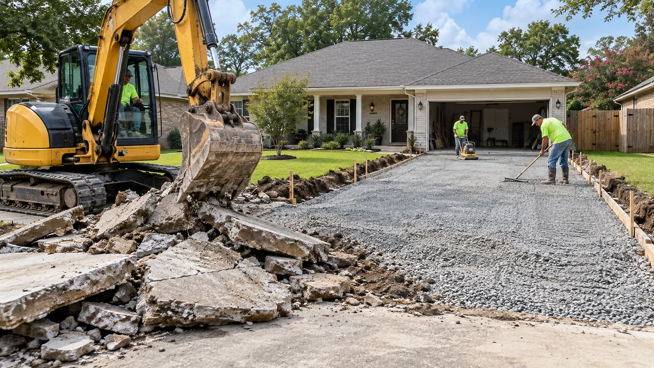 Excavator removing old concrete driveway beside a prepared gravel base