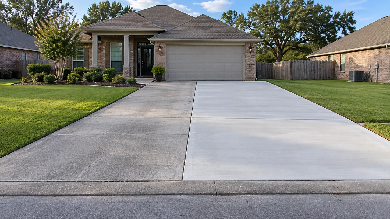 Residential paving with a new concrete driveway extension beside the existing pavement
