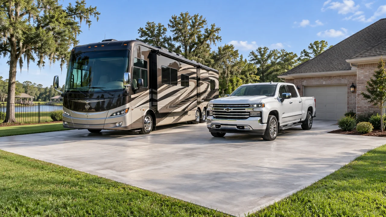 Rv and pickup truck parked on a concrete parking pad beside a home